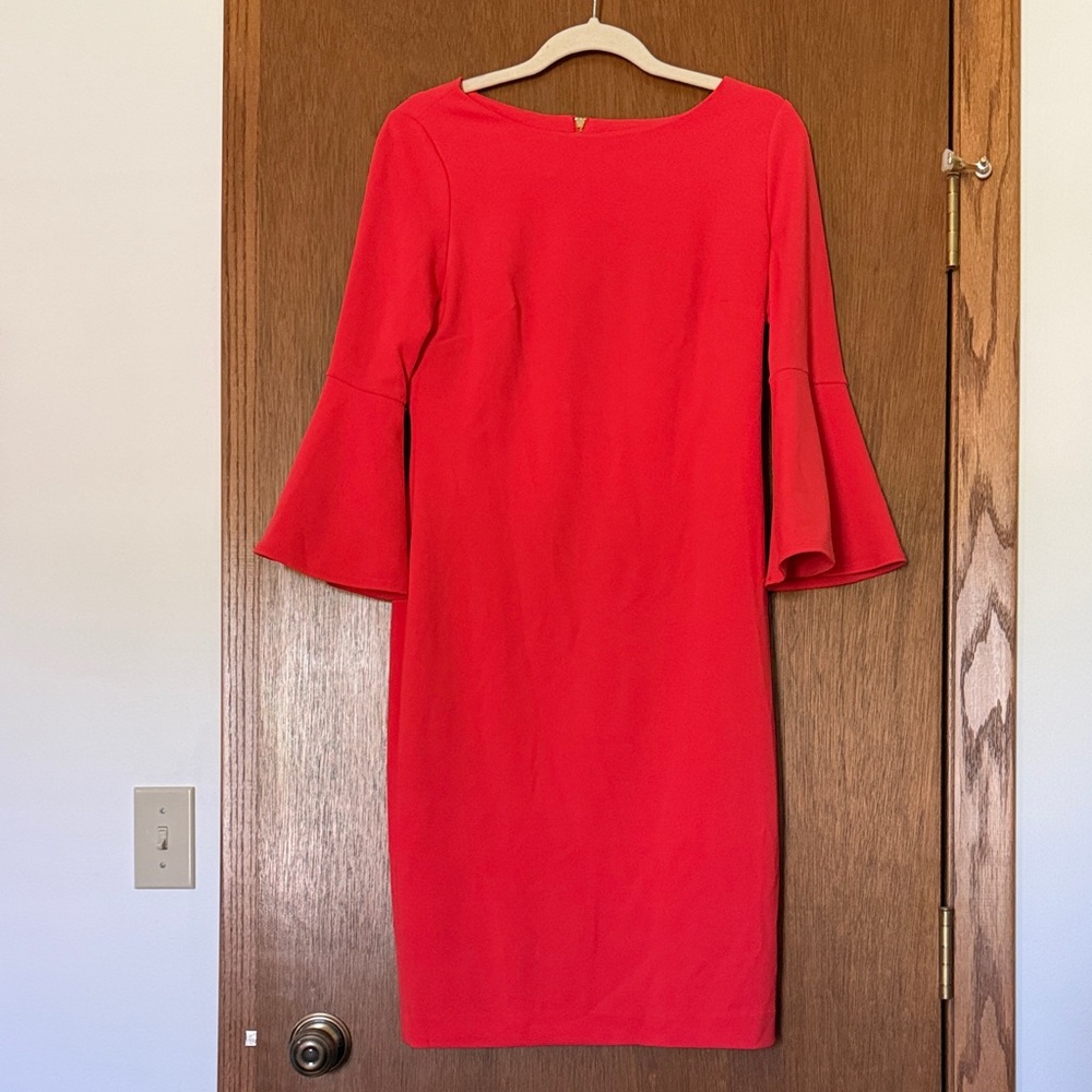 Calvin Klein Red-Orange Bell-Sleeve Midi Sheath Dress